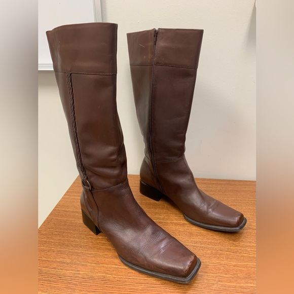 croft & barrow Shoes - Croft & Barrow Brown Braided Leather Square Toe Tall Boots Zipper Closure SZ 10